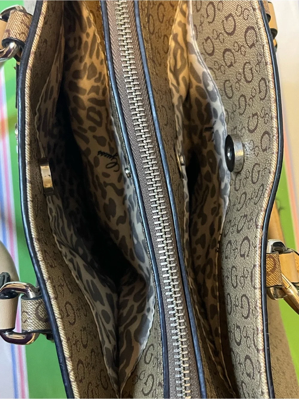 GUESS Tan Floral Applique Logo Satchel